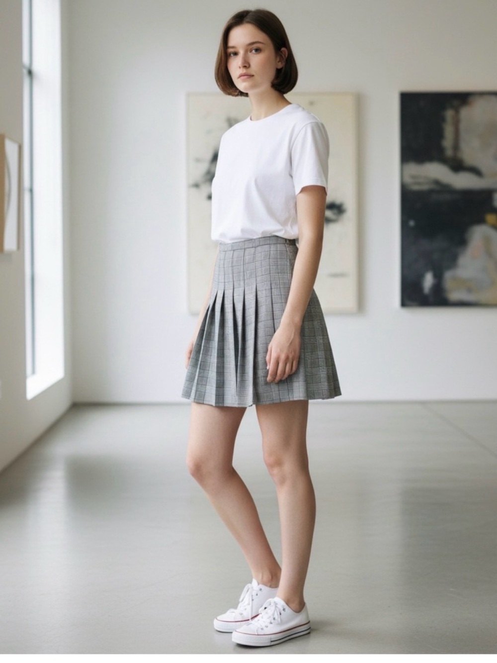 Hillard & Hanson sz 10 Glen Plaid Pleated Skirt Black White Y2K 90s prep vintage